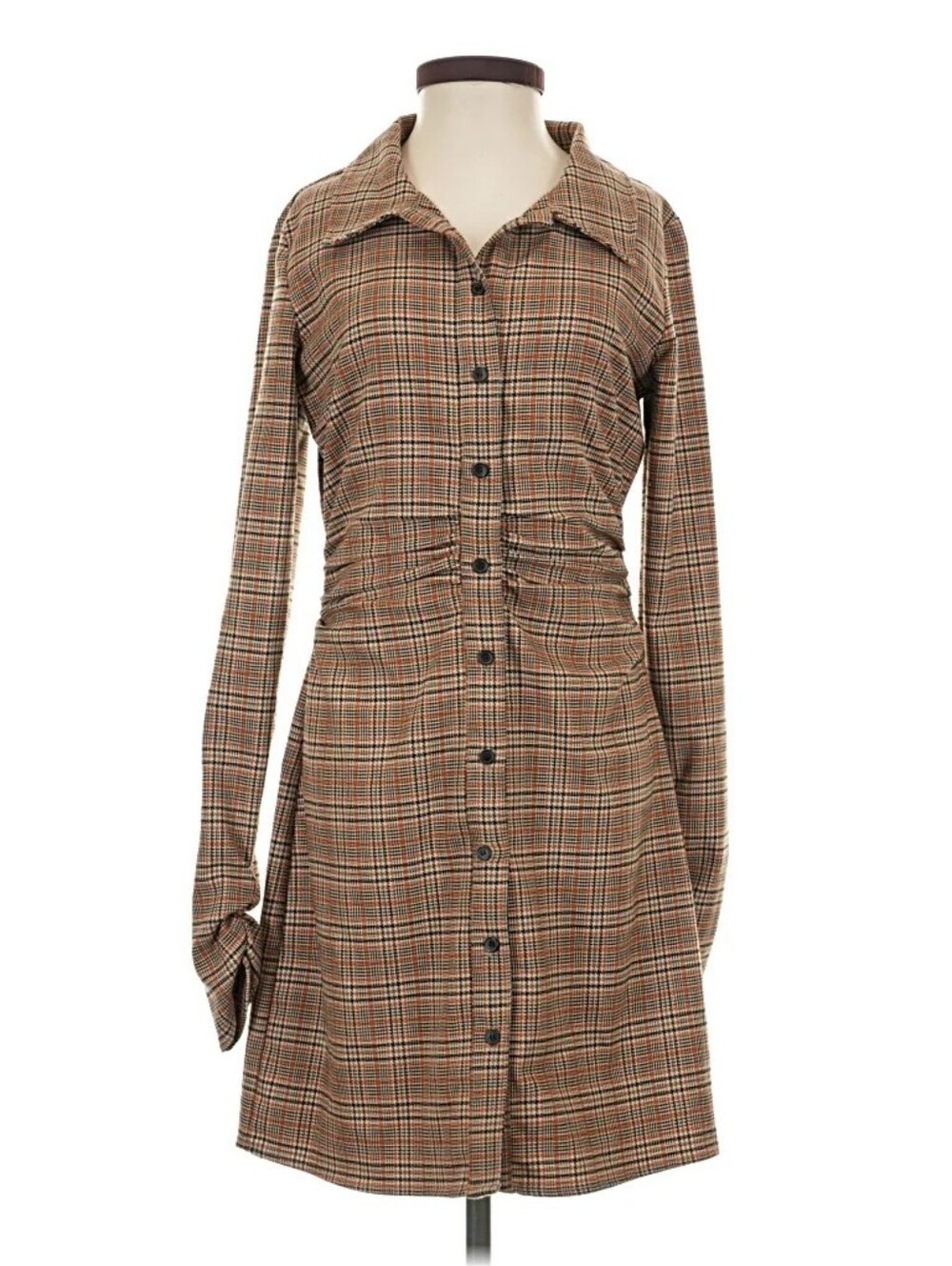 Plaid Button-Front Shirt Dress in Brown